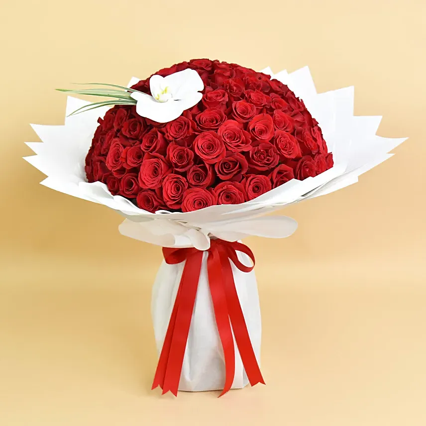 هدية باقة 100 وردة لون أحمر و وردة أوركيد: ورود حمراء