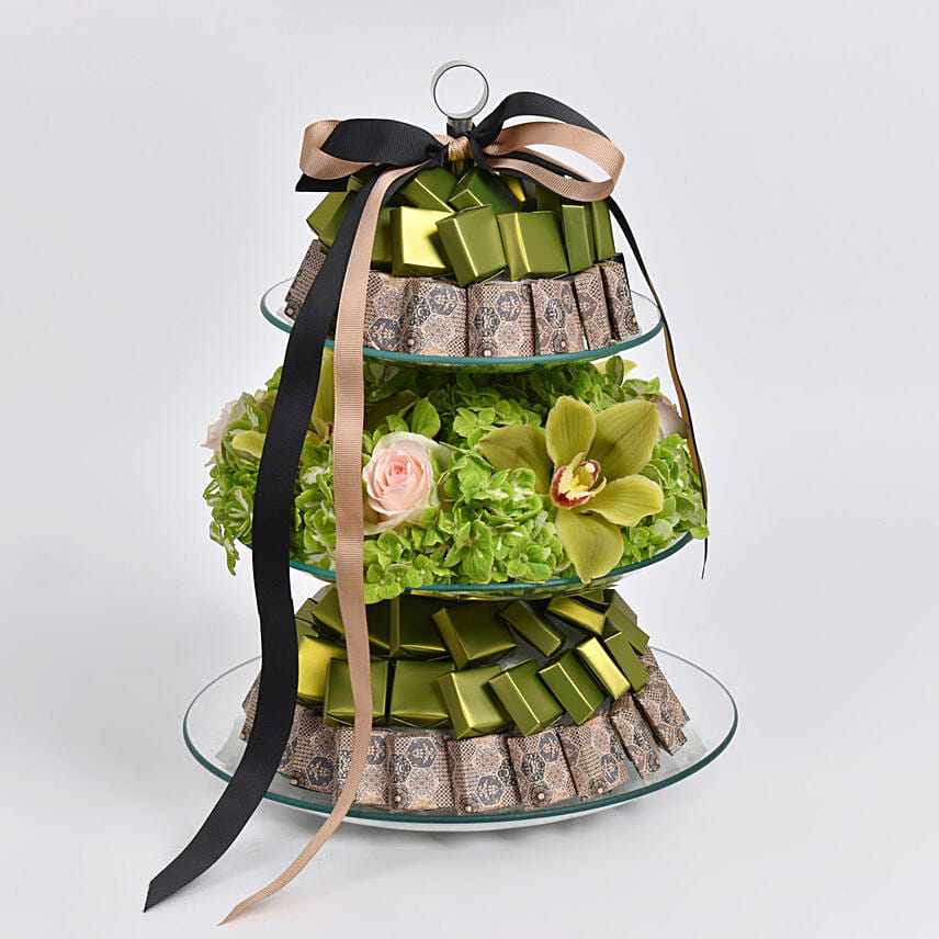 Hydrangea and Premium Chocolates Stand: Hydrangeas