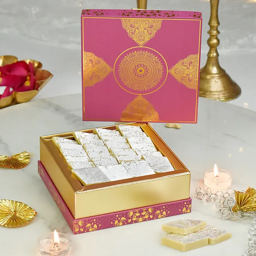 Kaju Katli Gold and Pink Box 400 Grams: Karwa Chauth Gifts