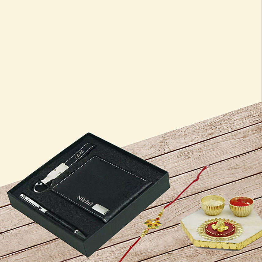 Leather Pen Keychain Wallet Gift Set With Rakhi: Raksha Bandhan Personalised Gifts