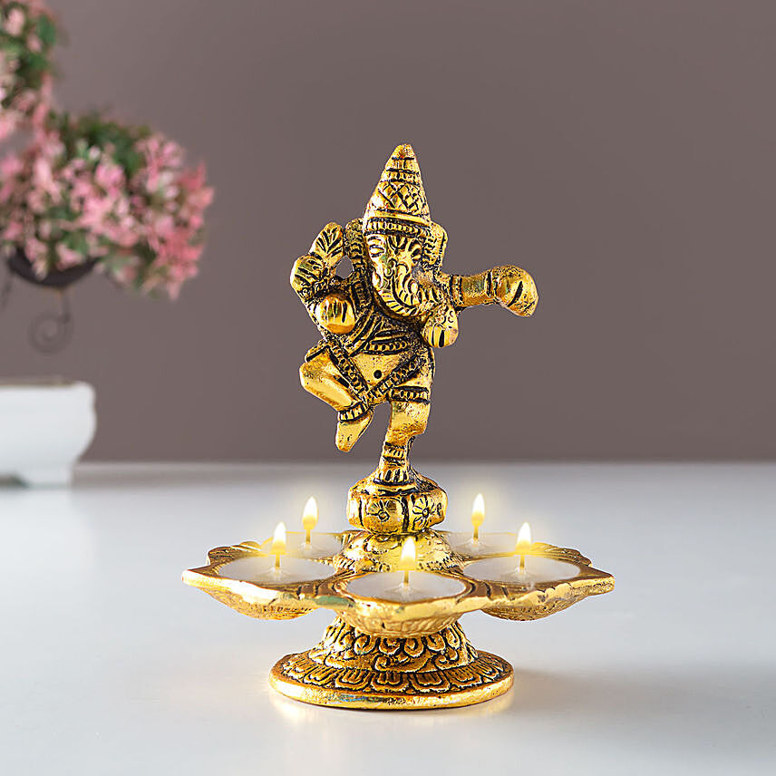 Metal Dancing Ganesha with Diya: 