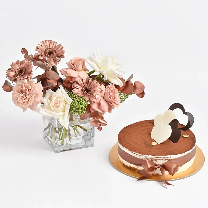 Monochrome Flowers and Tiramisu Cake: Cake and Flower Delivery in Dubai