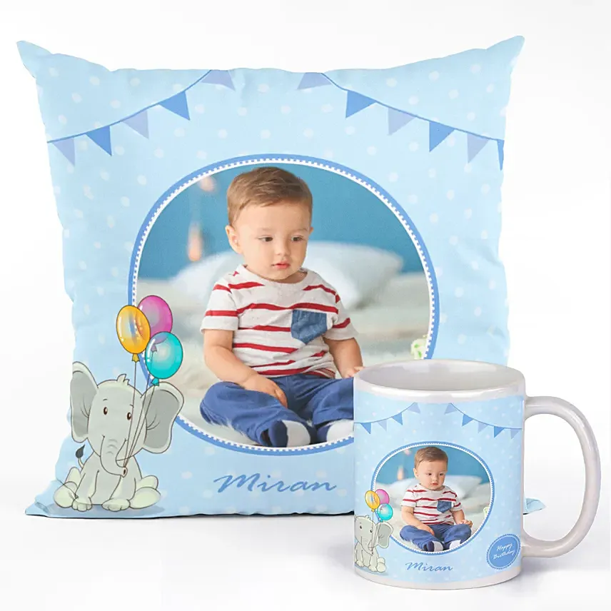 كومبو وسادة وكوب سيراميك أزرق مصمم بصورة للمولد الجديد صبي: Birthday Cushions
