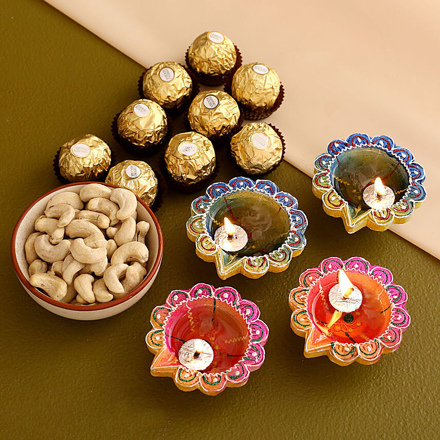 Multi Color Diyas With Kaju and Rocher: Diyas