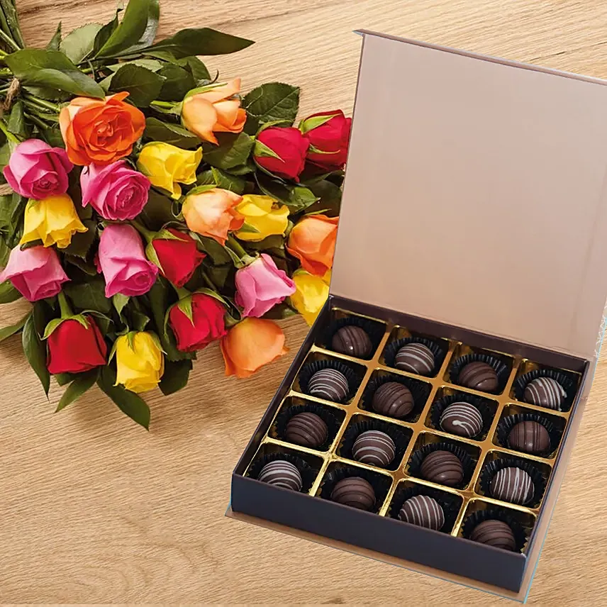 Multicolor Roses n Chocolate Truffles: Birthday Flowers & Chocolates