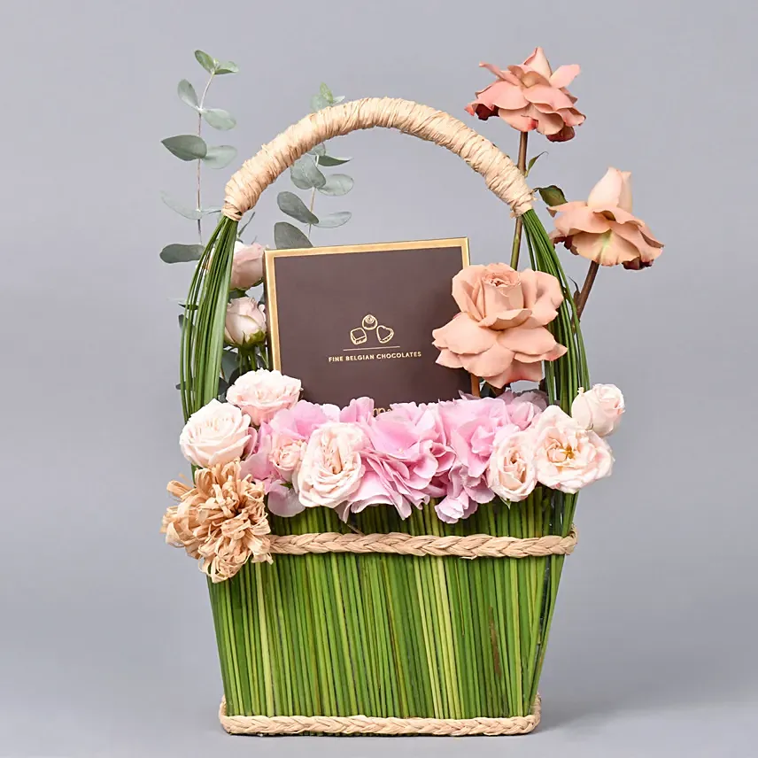 Natures Basket of Flowers with Chocolates: Finest Belgian Chocolates