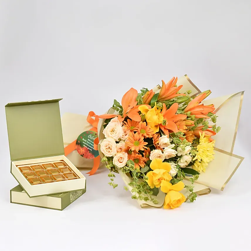 Birthday Flower Bouquet and Chocolates Box: Orange Roses