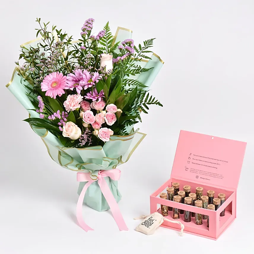 Pastel Pink Bouquet and Premium Tea Box: 