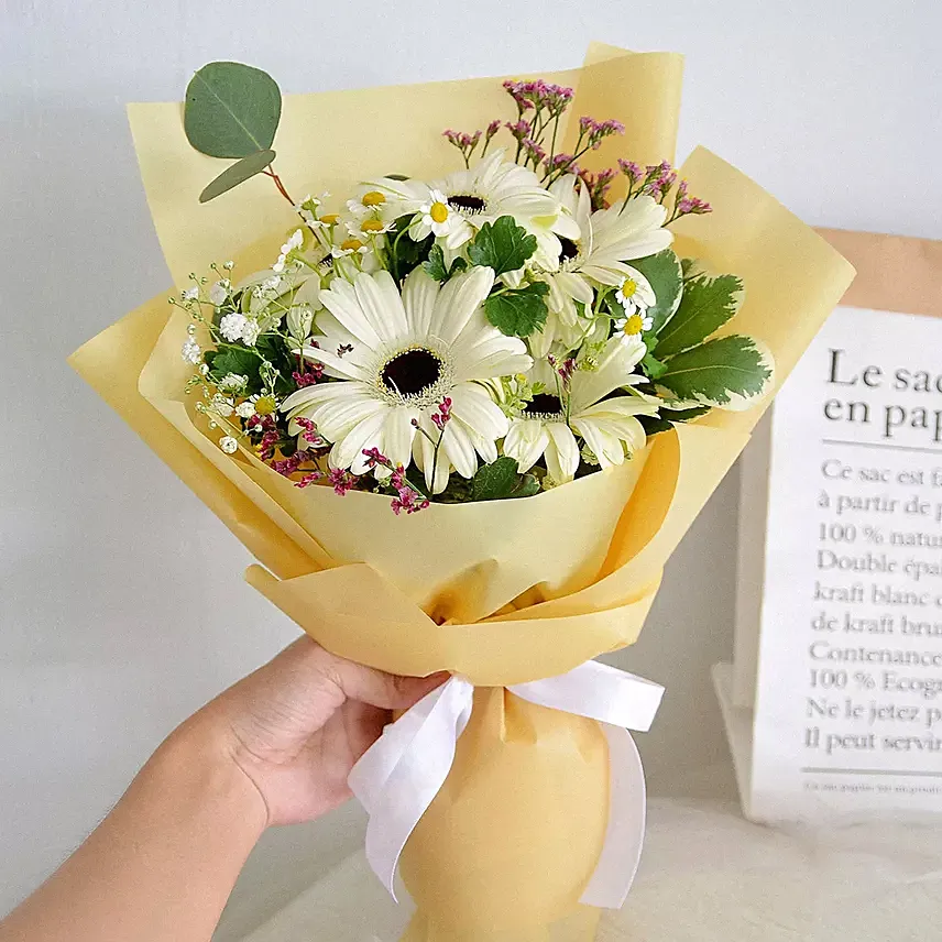 Peaceful White Gerberas Beautifully Tied Bouquet: 