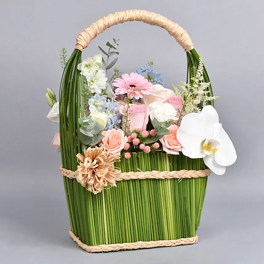 Peach and Greens Flower Basket: New Born Flowers