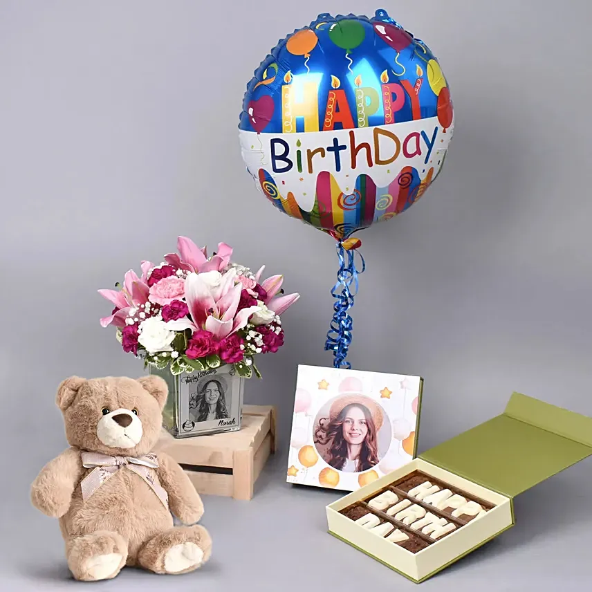 Personalised Birthday Wishes Combo: Flowers and Teddy Bears