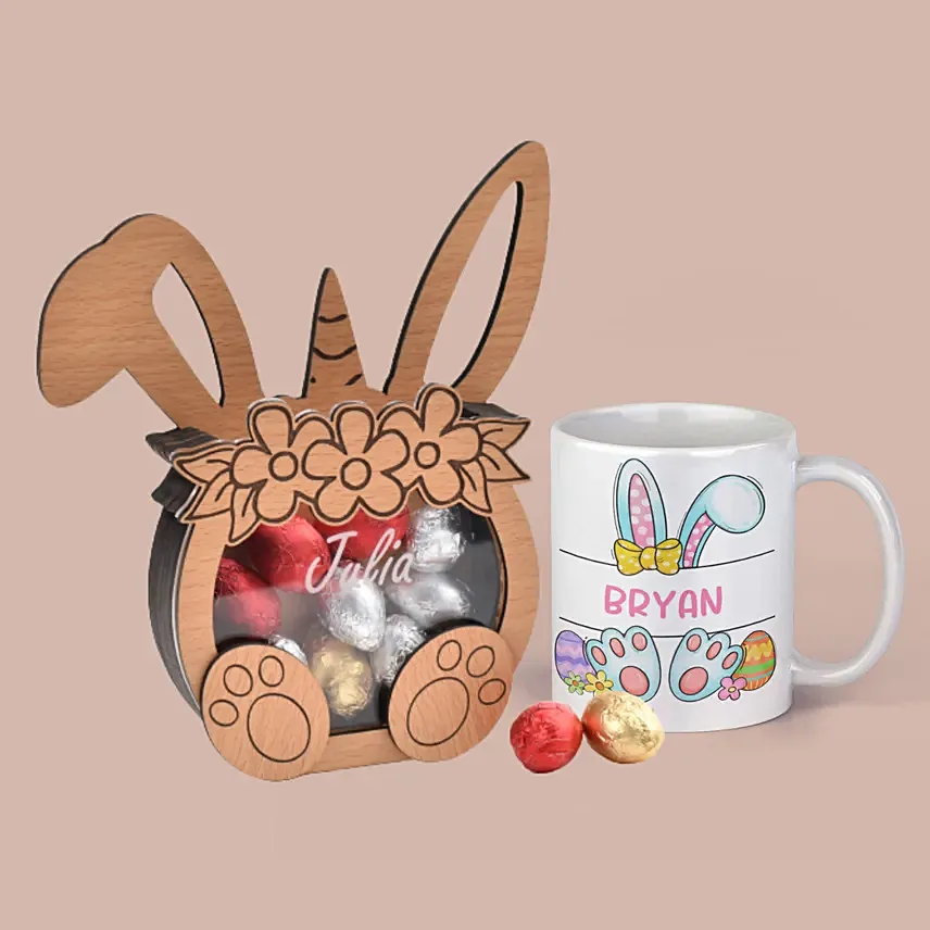 Personalised Bunny Box With Chocolates And Mug: Easter Gifts