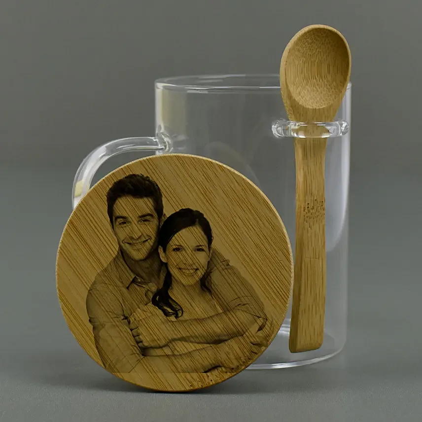 Personalised Glass Mug with Bamboo Lid n Spoon: Thanks Giving Day Gifts