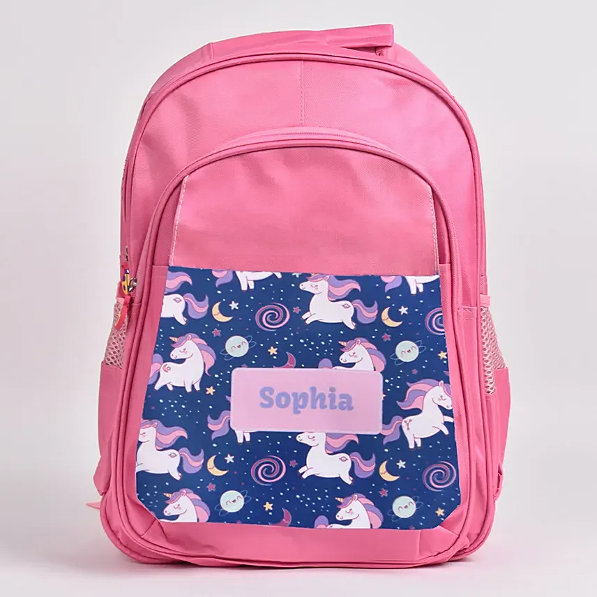 حقيبة وردية تصميم يونيكورن مخصصة بالاسم الشخصي: تصميم هدايا خاصة