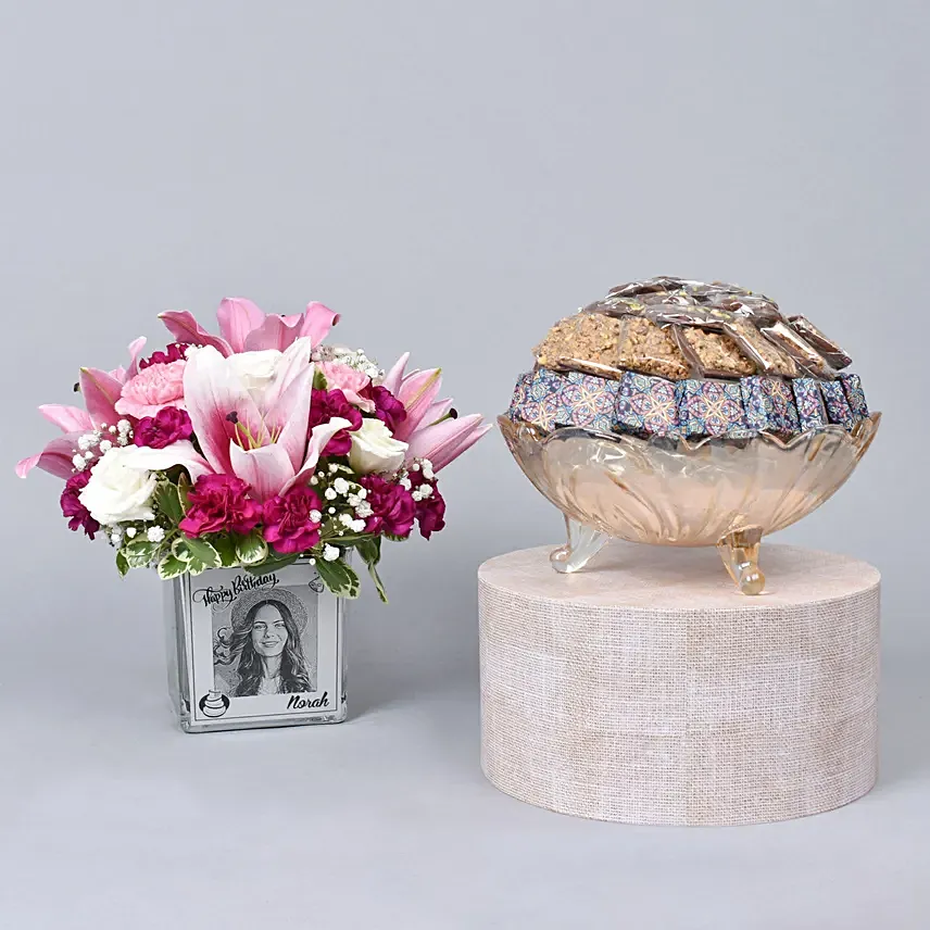 Personalised Vase Birthday Flower With Chocolate: Birthday Flowers & Chocolates