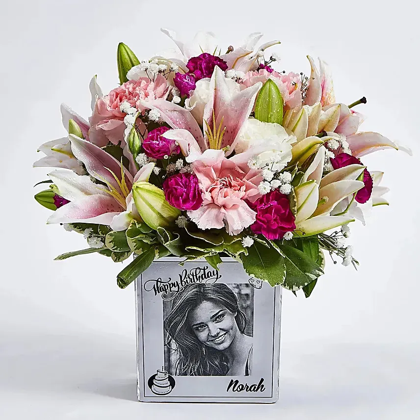 Personalised vase with floral arrangement:  Lilies flowers Bouquet