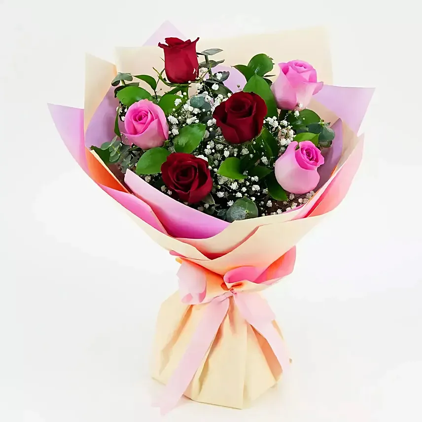 Pink and Red Roses Bouquet: Kiss Day Flowers