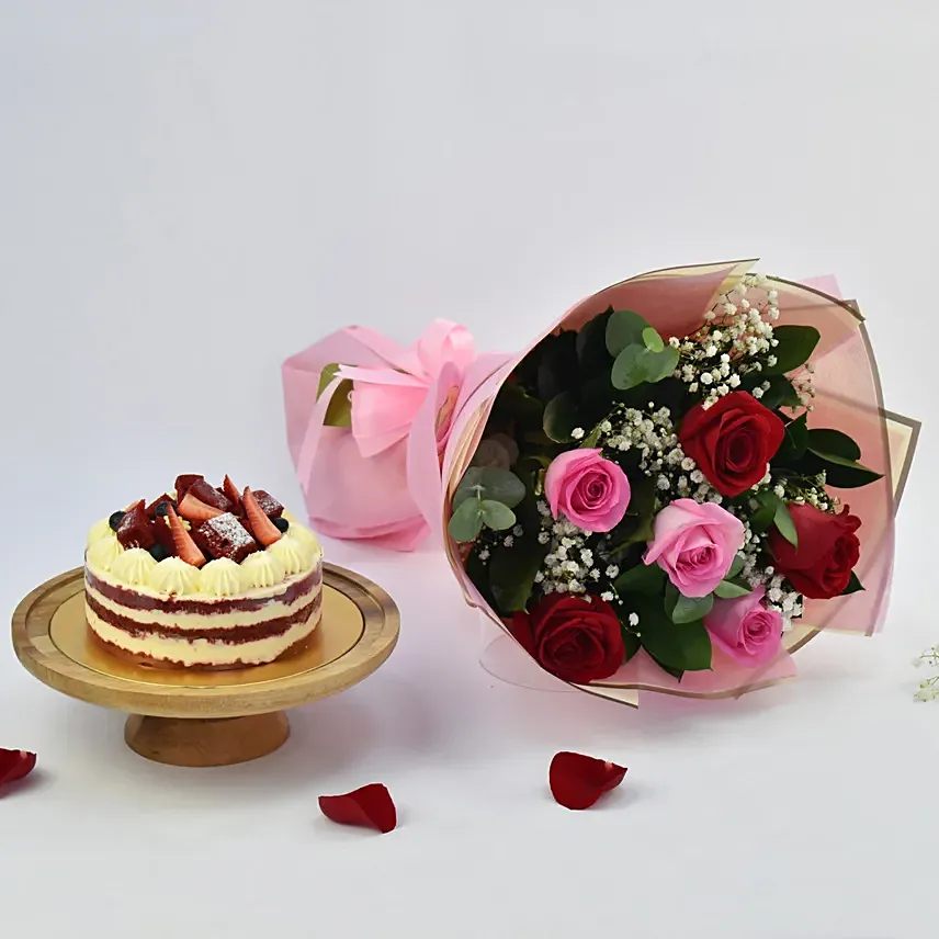Pink and Red Roses with Red Velvet Cake: Anniversary Flowers and Cakes