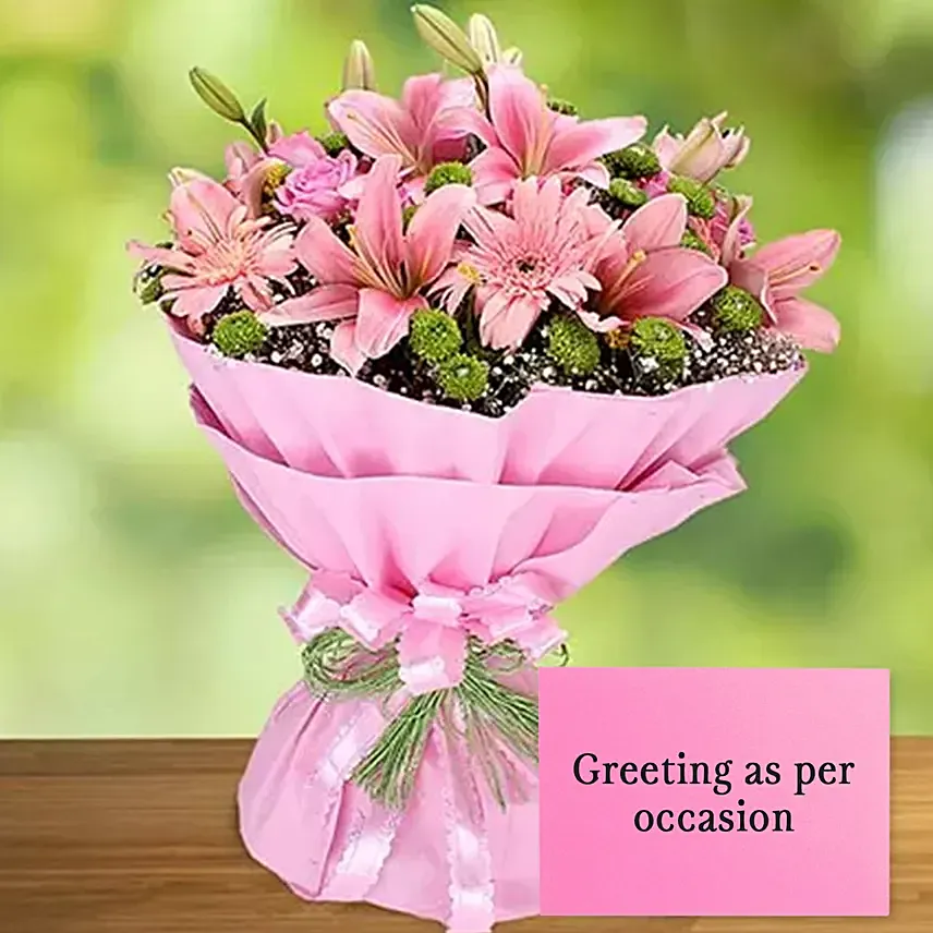 Pink Flowers Bouquet With Greeting Card: Anniversary Flowers and Greeting Cards