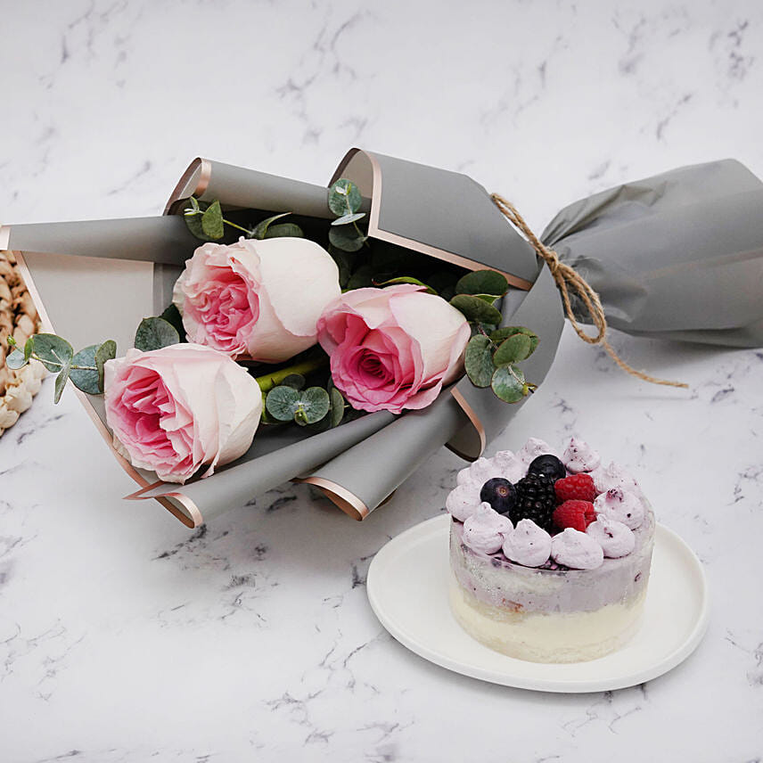 Pink Roses Bouquet Mono Cake Combo: 