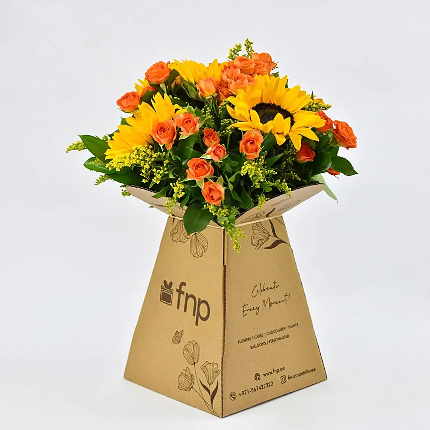 Pleasing Sunflowers and Roses Bunch: Orange Flowers Shop