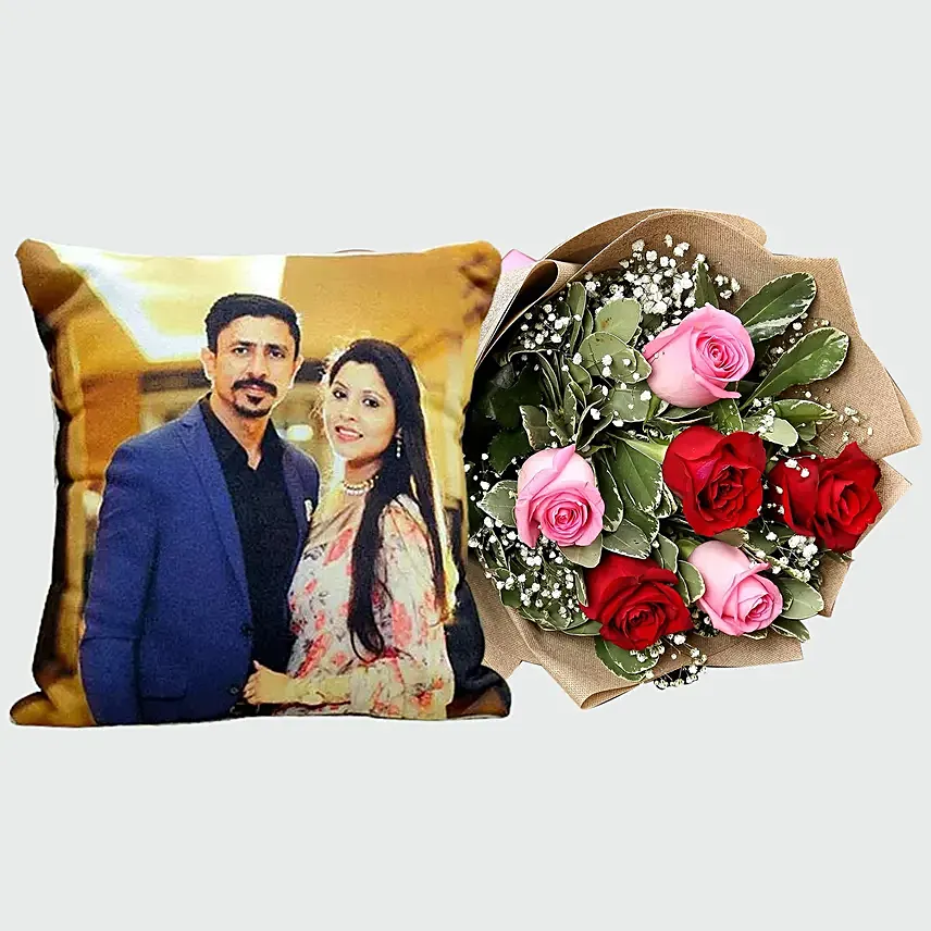 Pretty Roses with Personalised Cushion: Anniversary Gifts to Abu Dhabi