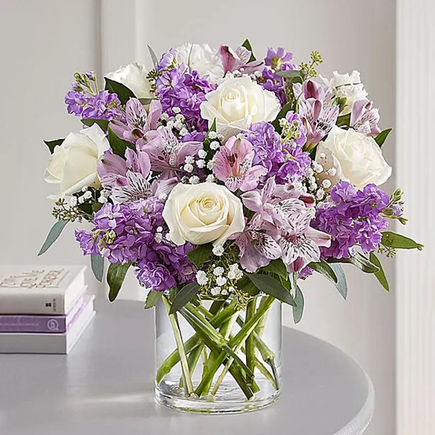 Purple and White Floral Bunch In Glass Vase: 