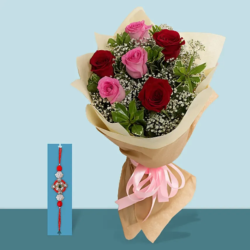 Rakhi With Red n Pink Roses: Order Rakhi in Sharjah