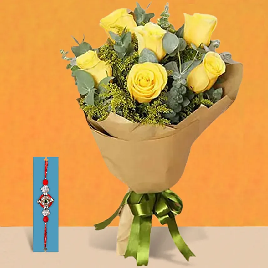 Rakhi With Yellow Roses Bouquet: Rakhi With Flowers