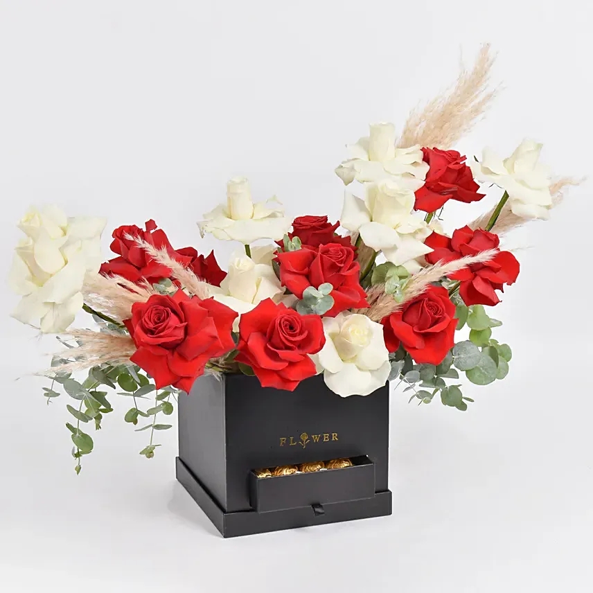Red and White Roses Beauty Box: Anniversary Flowers & Chocolates