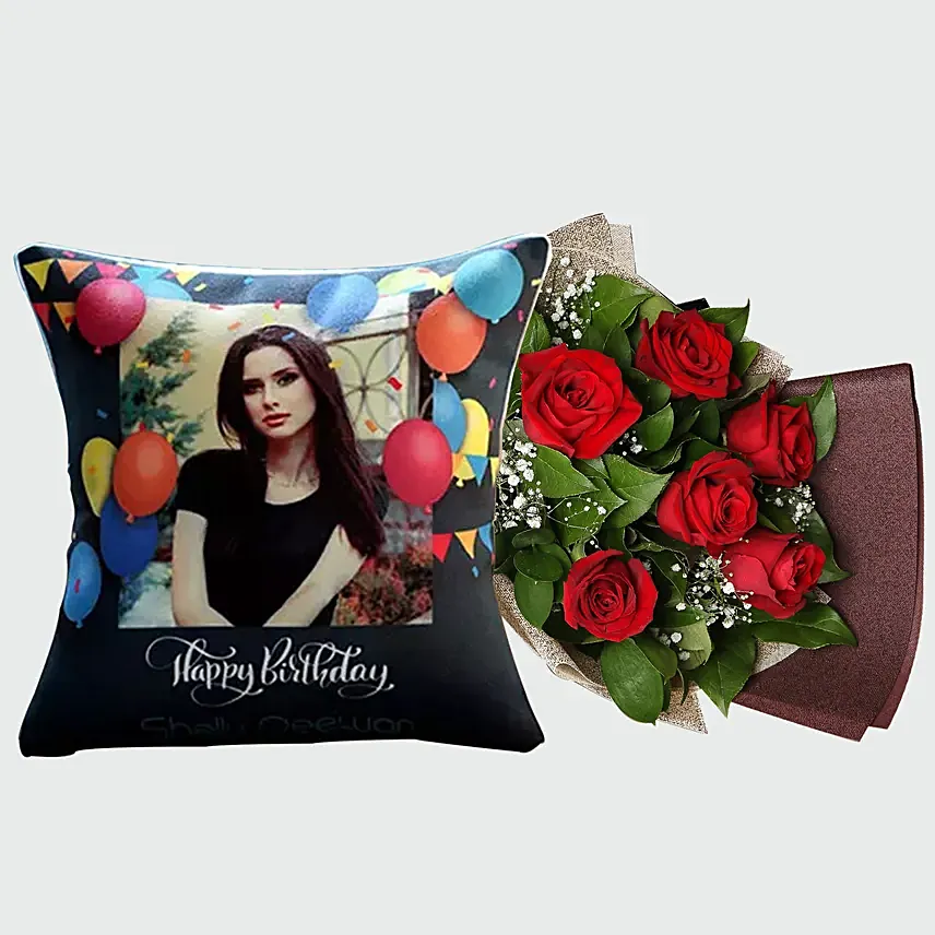 Red Rose Bouquet and Personalised Cushion: 