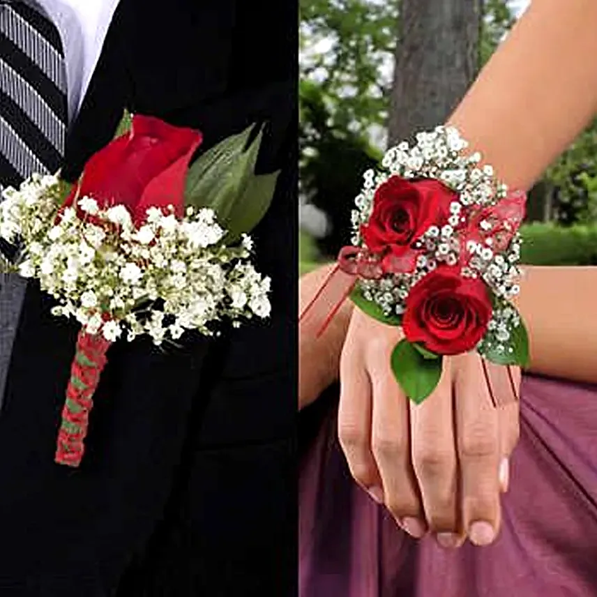 Red Roses boutonniere and Corsage: Flowers for Bride