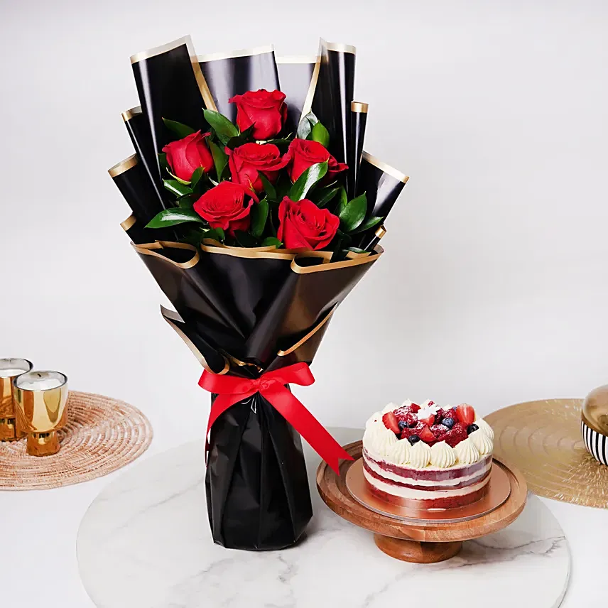 Red Roses with Red Velvet Cake: Anniversary Flower Bouquets