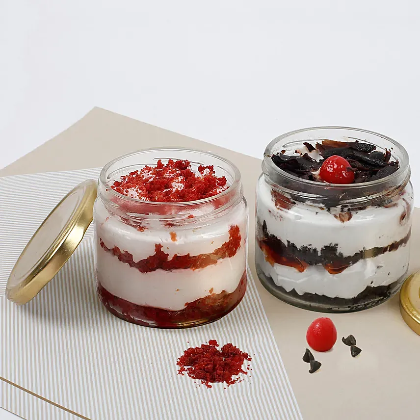 Red Velvet and Black Forest Jar Cakes: Congratulations Cakes