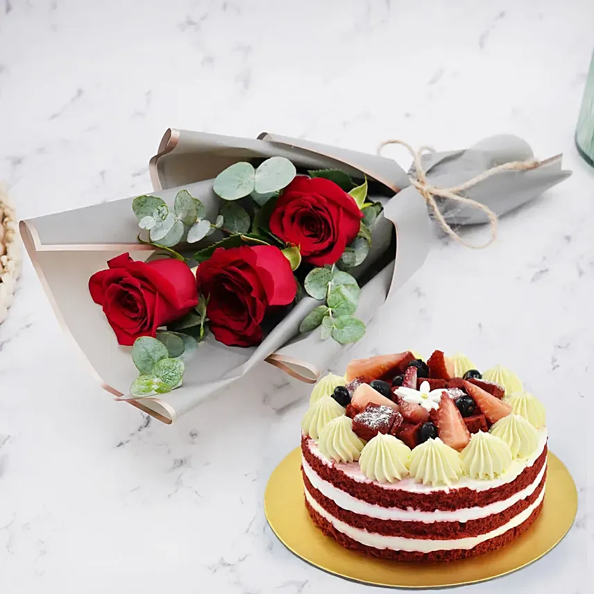 Red Velvet Cake and Fresh Red Roses: Anniversary Cakes for Wife