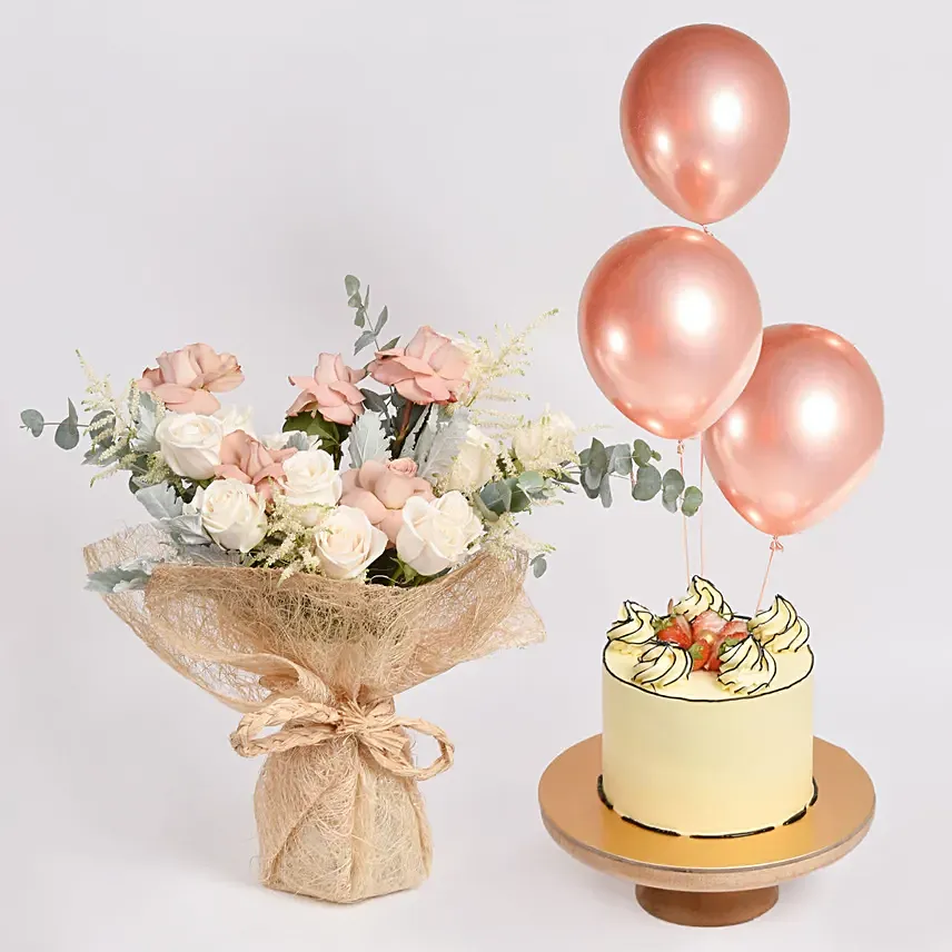 Rose Affection Cake and Balloons: Flowers and Cake 