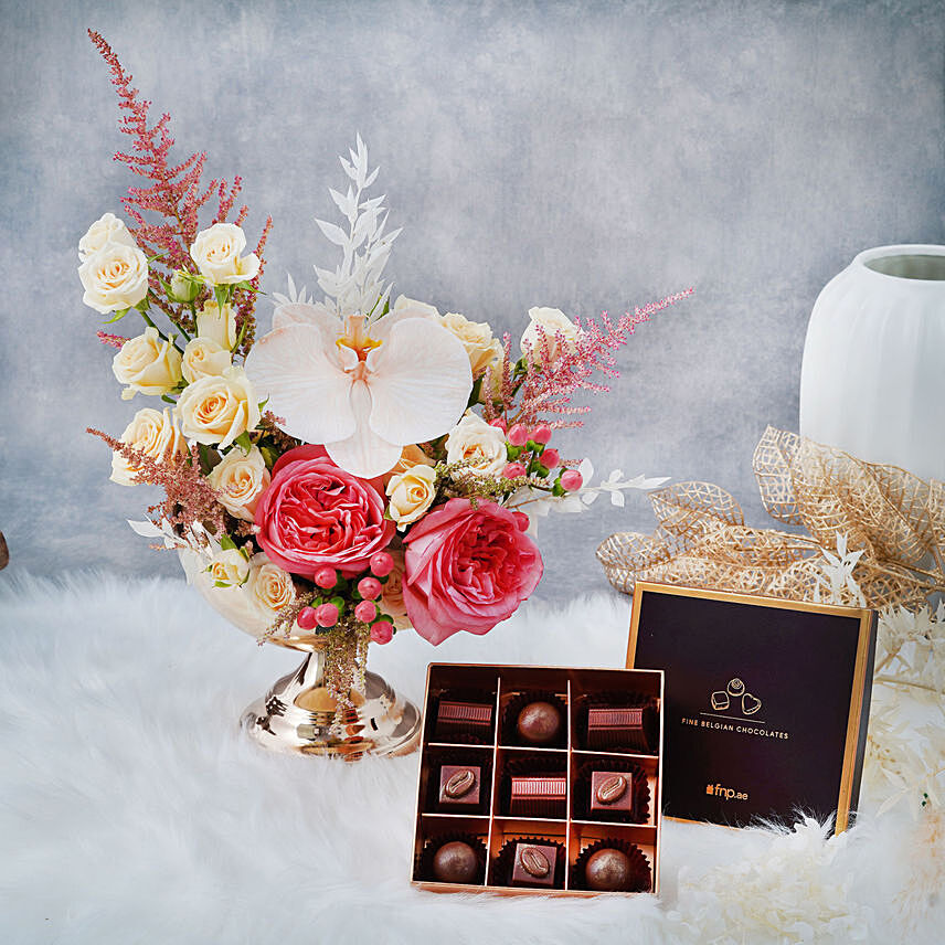 Roseate and Belgian Chocolate Combo: Anniversary Flowers & Chocolates