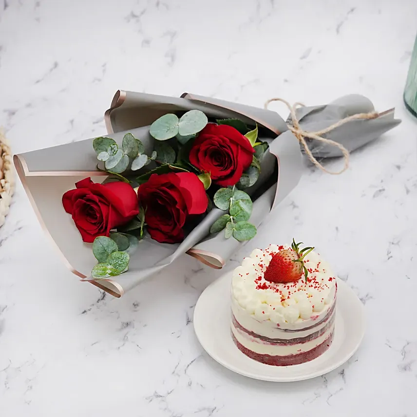 Roses Bouquet & Designer Mono Cake: Anniversary Flowers & Cakes