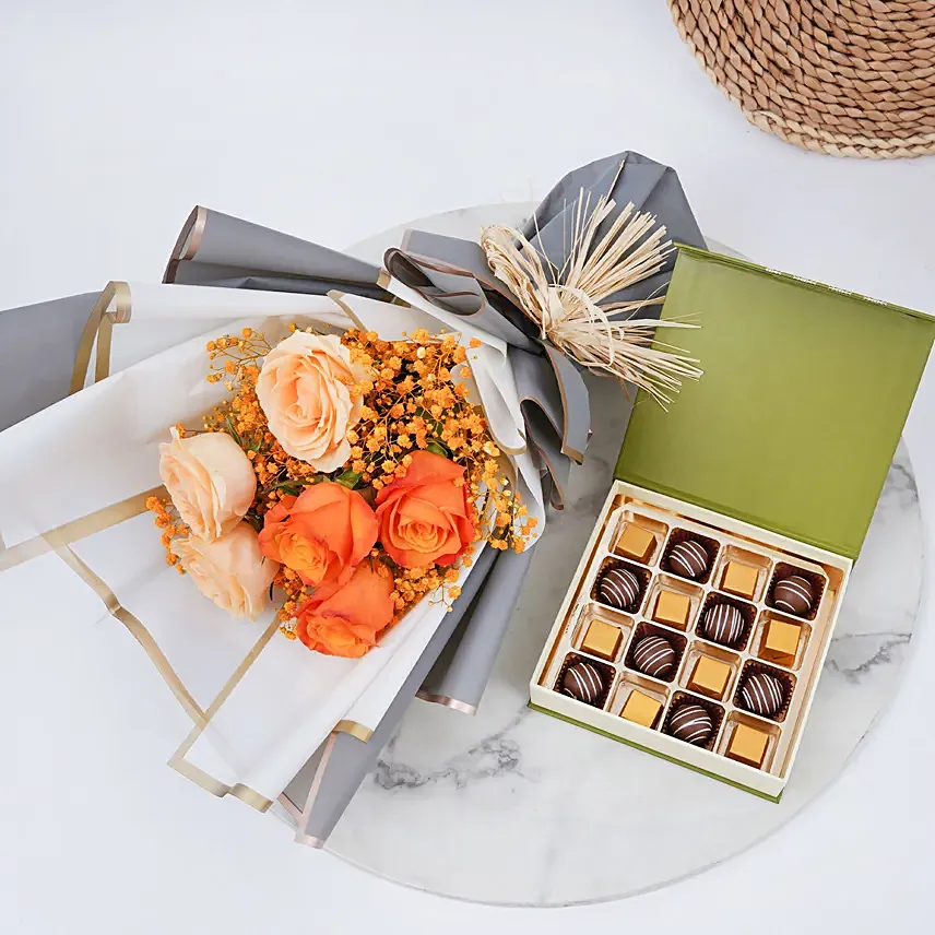 Roses Bouquet with Mix Chocolates Box: Flowers and Chocolate Delivery