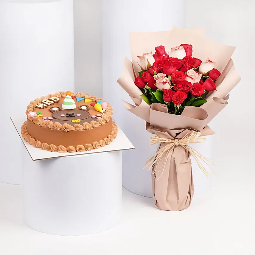Roses Bouquet with Teddy Birthday Chocolate Cake: 