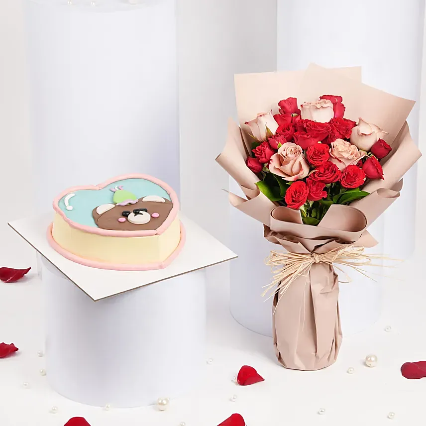 Roses Bouquet with Teddy Celebration Cake: New Arrival Combos