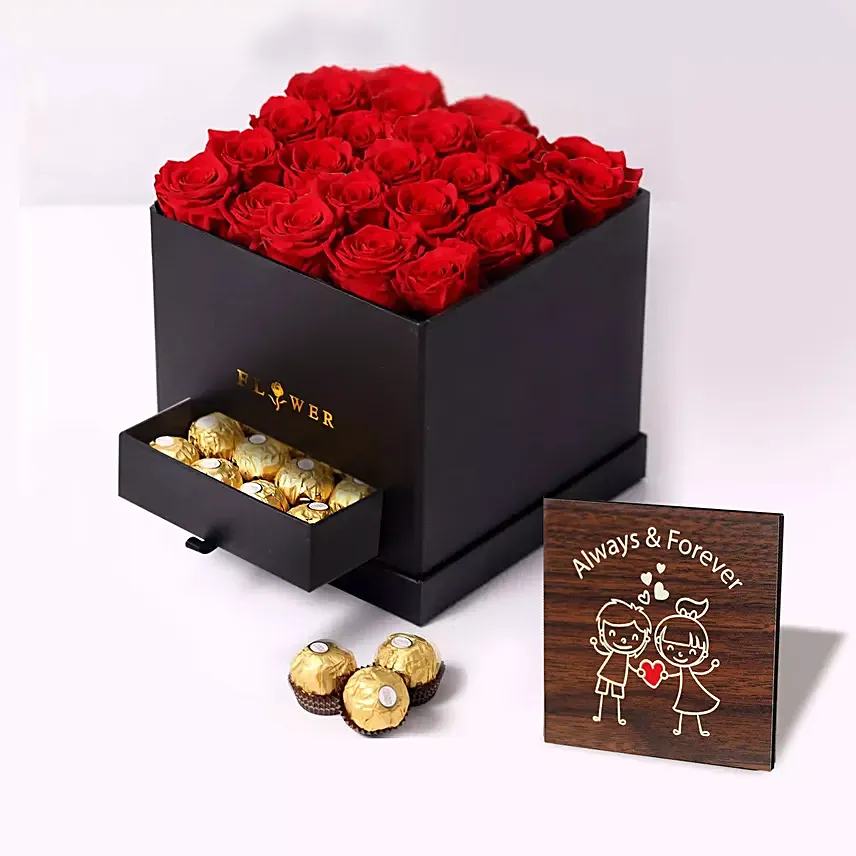 كومبو ورود حمراء في صندوق فاخر مع شوكولاتة ولوح خشبي مميز: ورد عيد الحب في أبوظبي