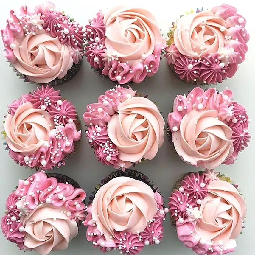 Rosy Delight Designer Vanilla Cupcakes Set Of 6: Girlfriends Day Gifts