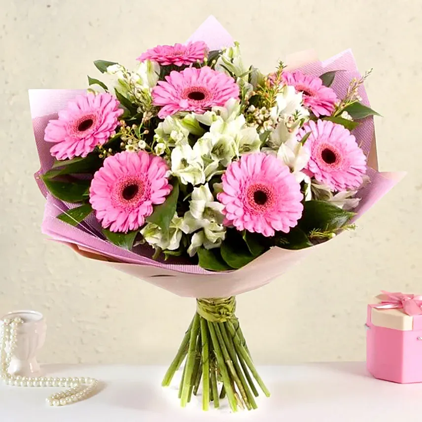 Serene Gerberas N Alstroemeria Bouquet: Pink Flowers Delivery