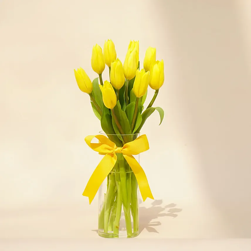 Serene Yellow Tulips Glass Vase: Thanksgiving Day Flowers 