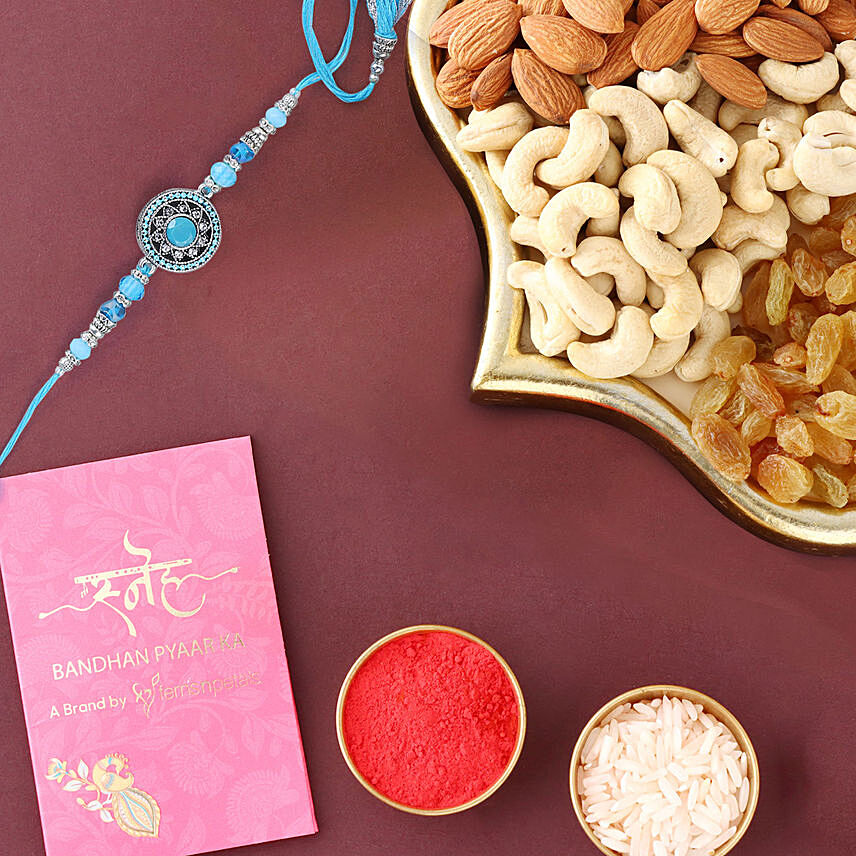 Sneh American Diamond Elegant Rakhi & Mix Nuts: Rakhi With Dryfruits