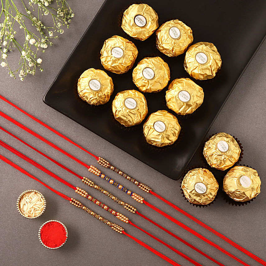 Sneh Colourful Pearl Rakhi Set with 16 Ferrero Rocher:  Rakhi Delivery