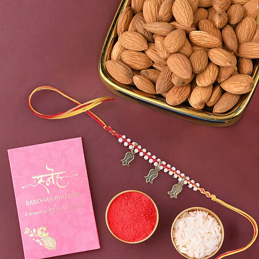 Sneh Feng Shui Beads Rakhi & Almonds: Mauli Rakhi 