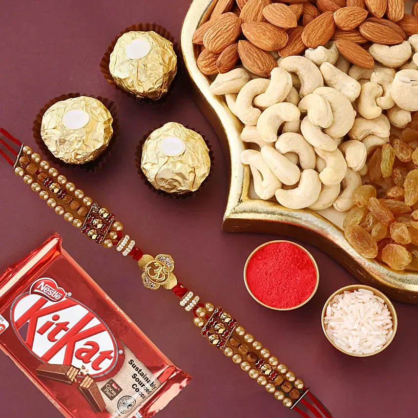 Sneh Shimmering Om Rakhi With Chocolates & Nuts: Rakhi With Dryfruits