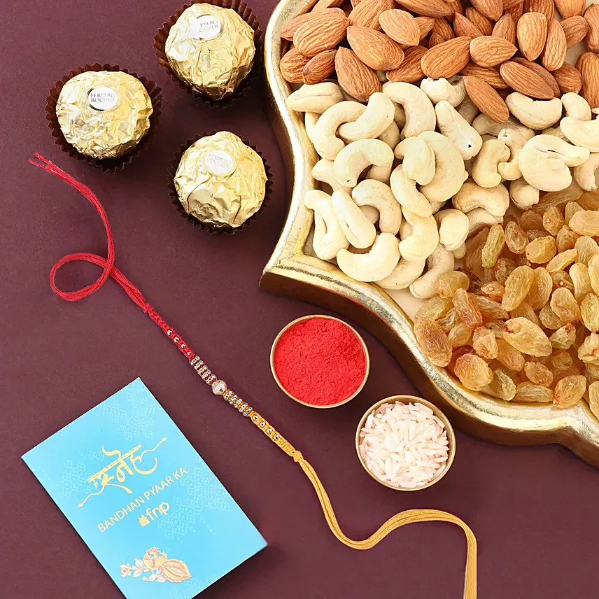Sneh Shining Beads Rakhi With Rochers & Nuts: Rakhi With Dryfruits 